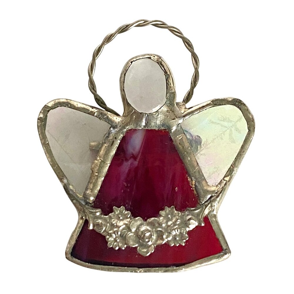 Stained Glass Angel Pin Handcrafted Brooch Iridescent Wings Red Dress Flowers
